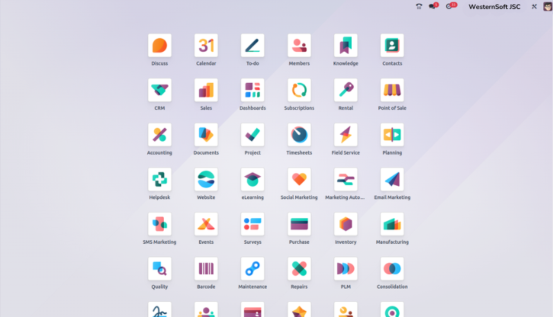 Màn hình tổng quan chứa tất cả các phân hệ Odoo mà doanh nghiệp đang sử dụng