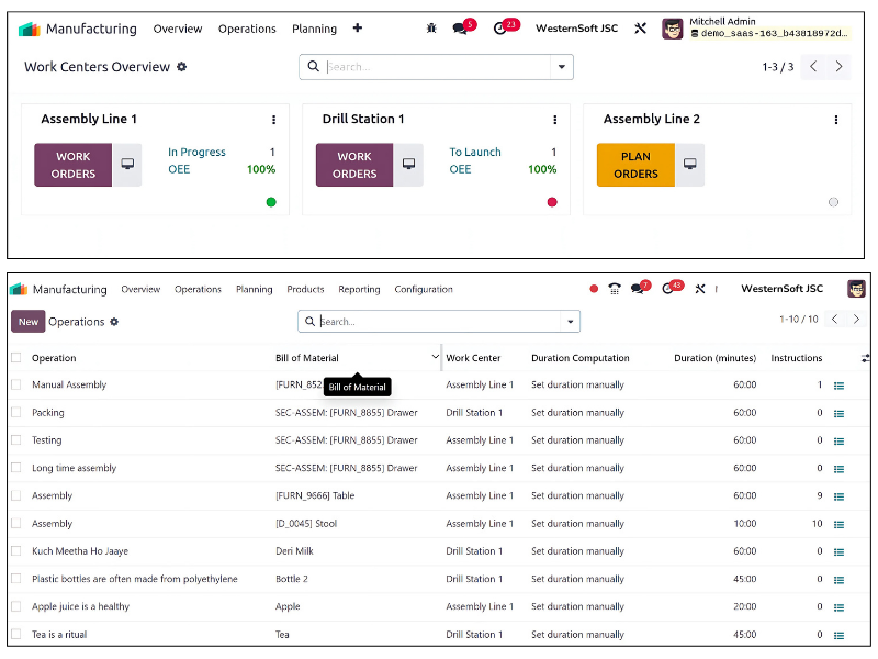 Giao diện phân hệ sản xuất Odoo
