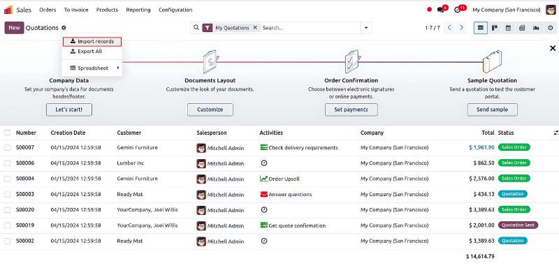 Giao diện phân hệ bán hàng Odoo
